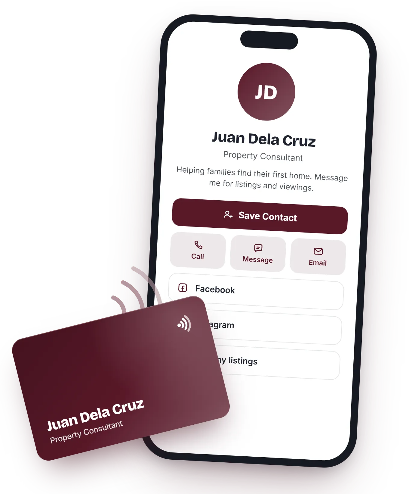Sample Tap Konek profile page on a phone, next to a maroon NFC business card
